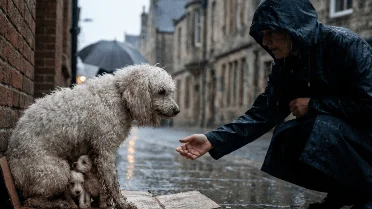 A mother dog protected her puppies from the heavy rain, and now they ...