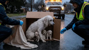 A mother dog protected her puppies from the heavy rain, and now they ...