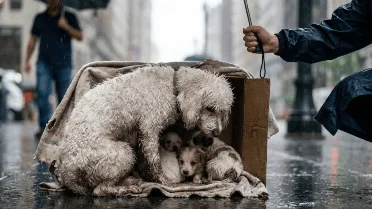 A mother dog protected her puppies from the heavy rain, and now they ...