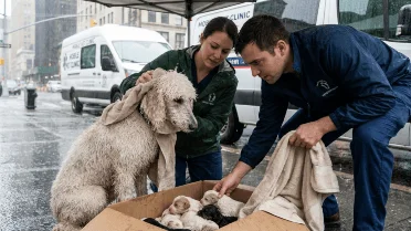 A mother dog protected her puppies from the heavy rain, and now they ...