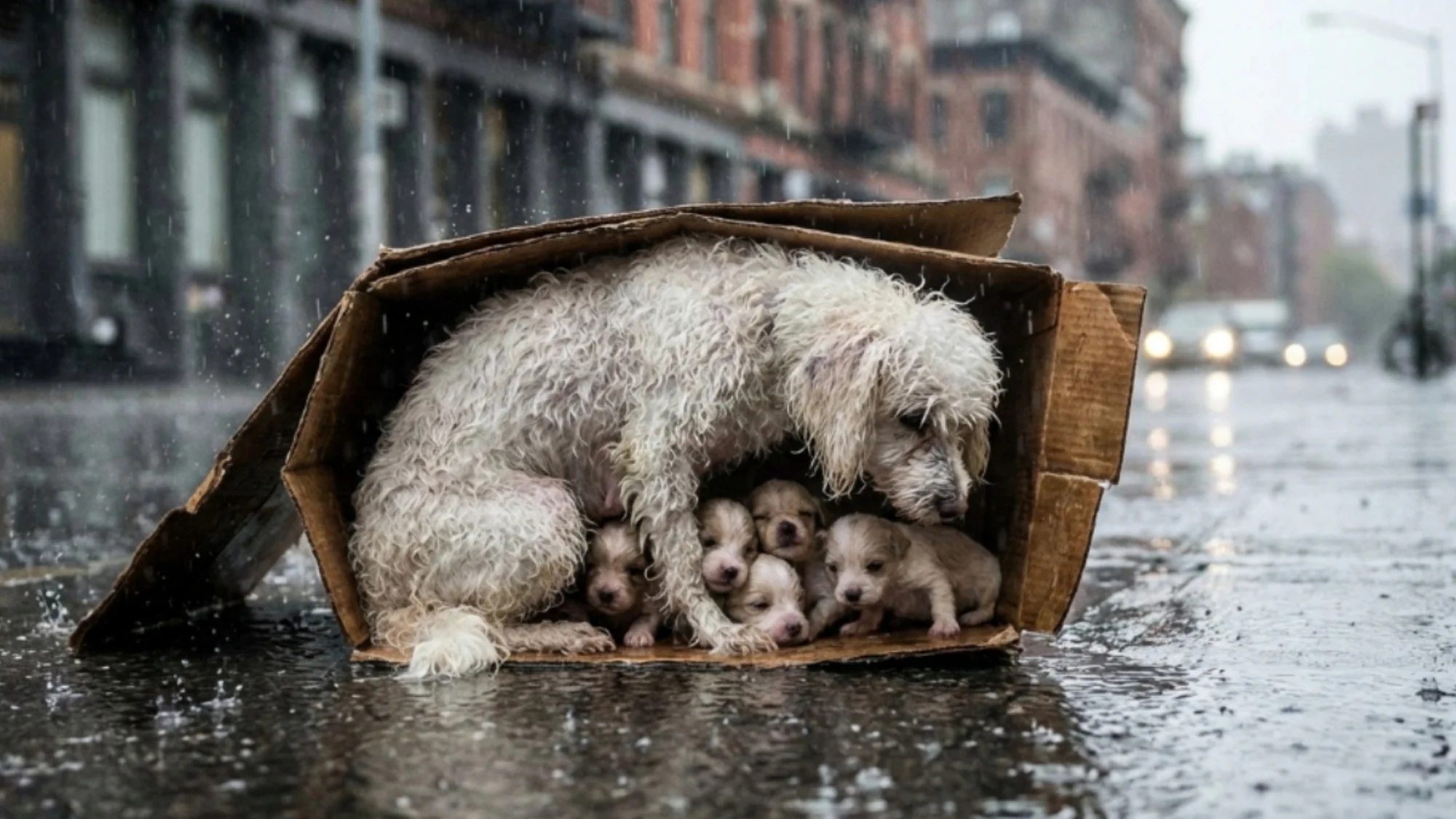 A mother dog protected her puppies from the heavy rain, and now they ...